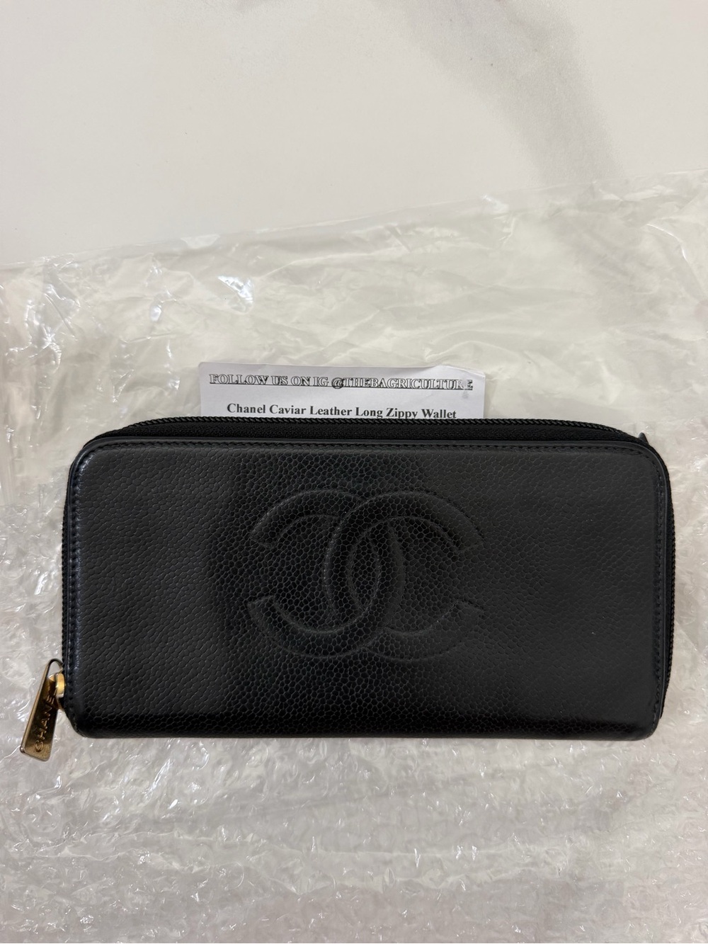 CHANEL Black Caviar Leather Zip Around Wallet with CC Logo